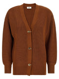 Elisabetta Franchi Ribbed Knit with Gold Closures Cardigan — Brown