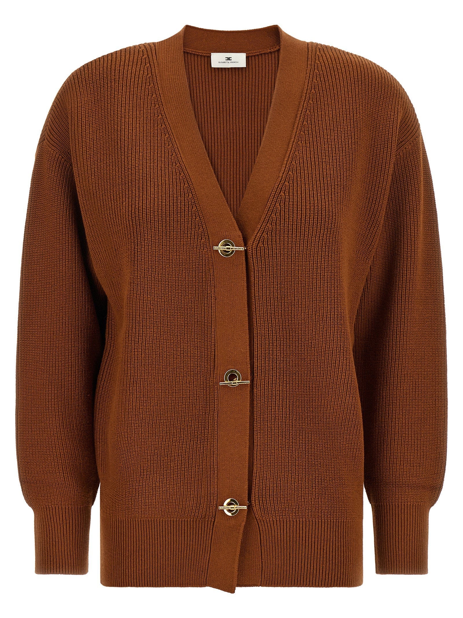 Elisabetta Franchi Ribbed Knit with Gold Closures Cardigan — Brown