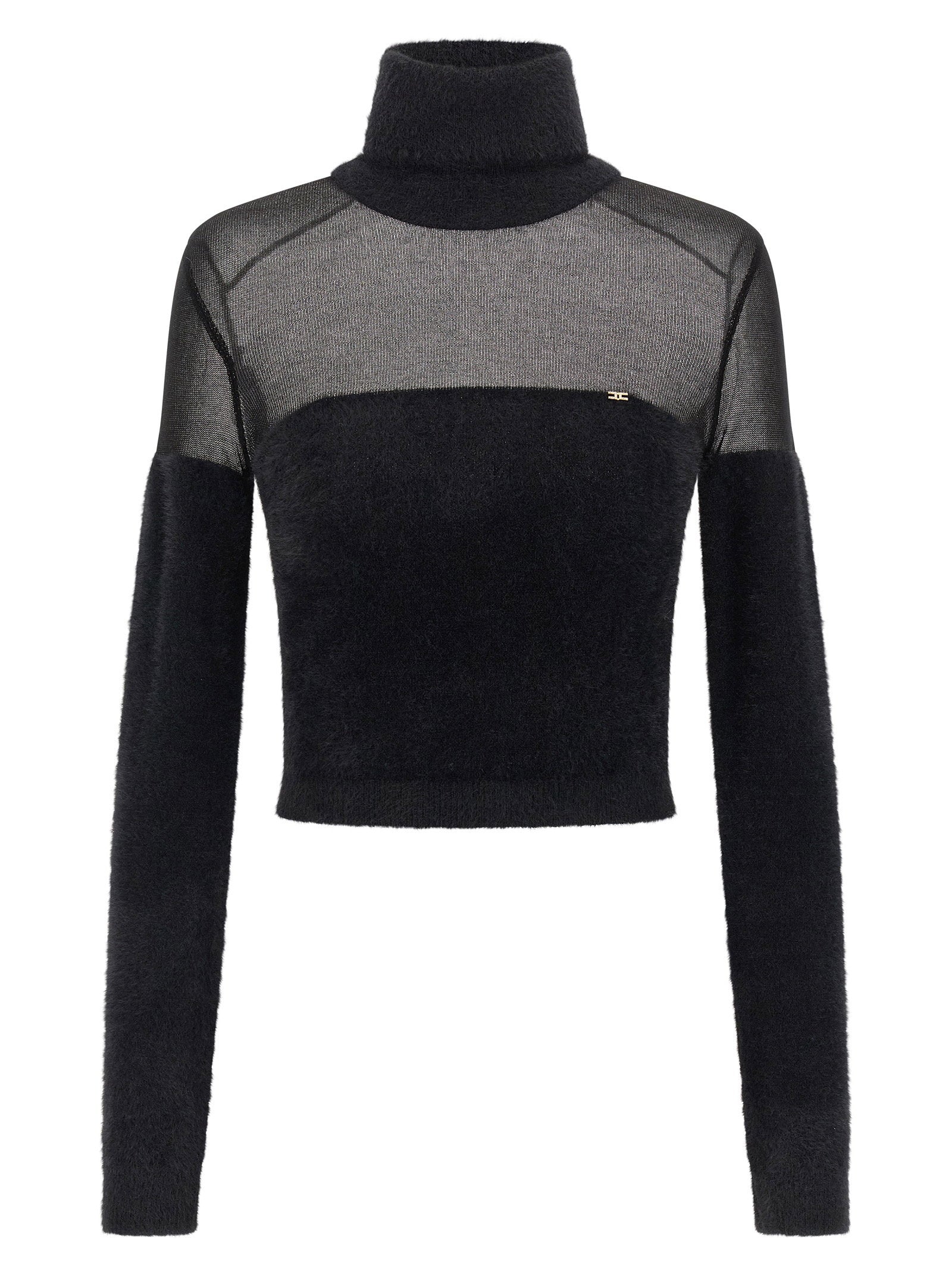 Elisabetta Franchi Brushed Knit with Gauze Insert Sweater — Black