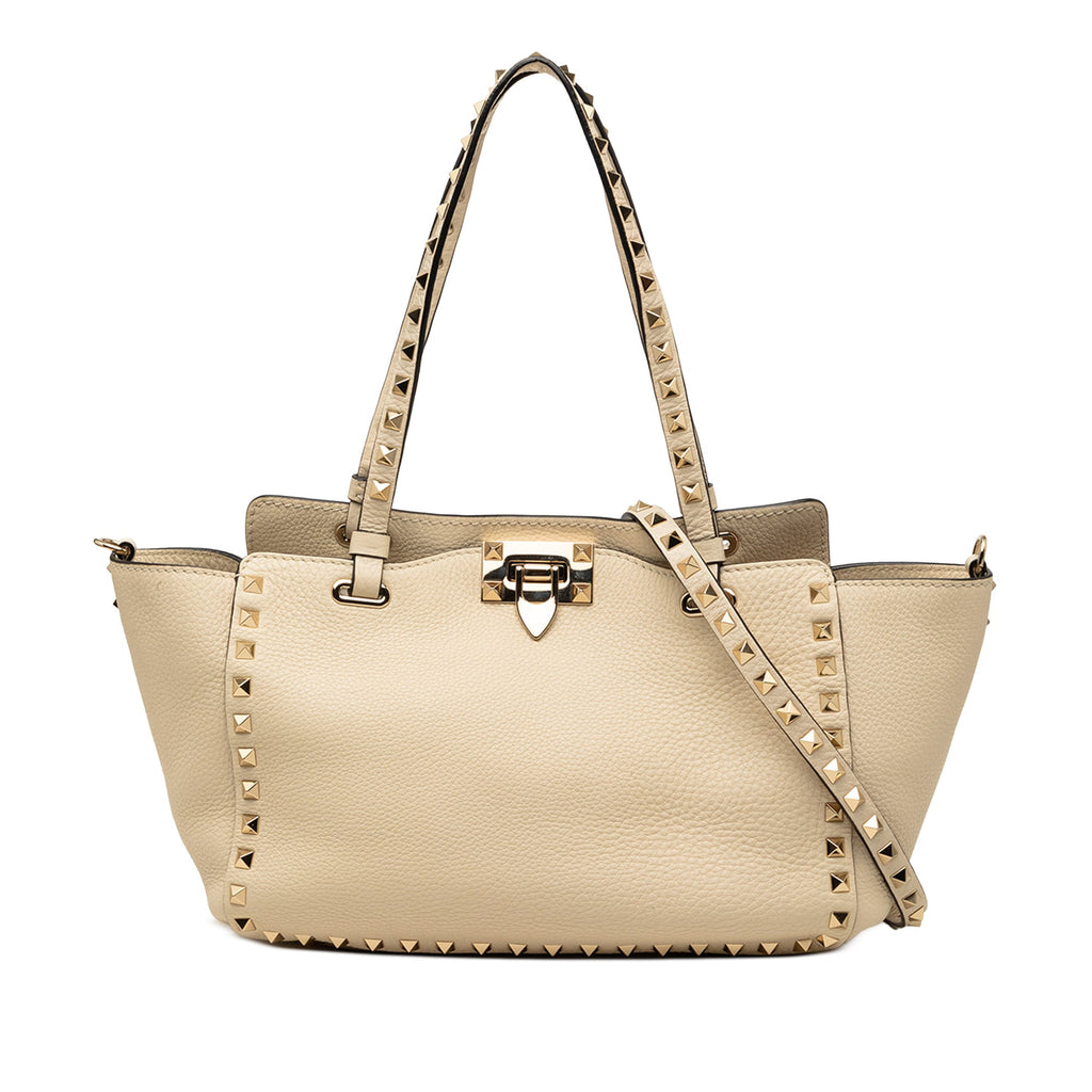 Small Grained Calfskin Rockstud Trapeze Satchel