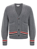 Thom Browne Ribbed Cashmere with RWB Stripe Cardigan — Grey