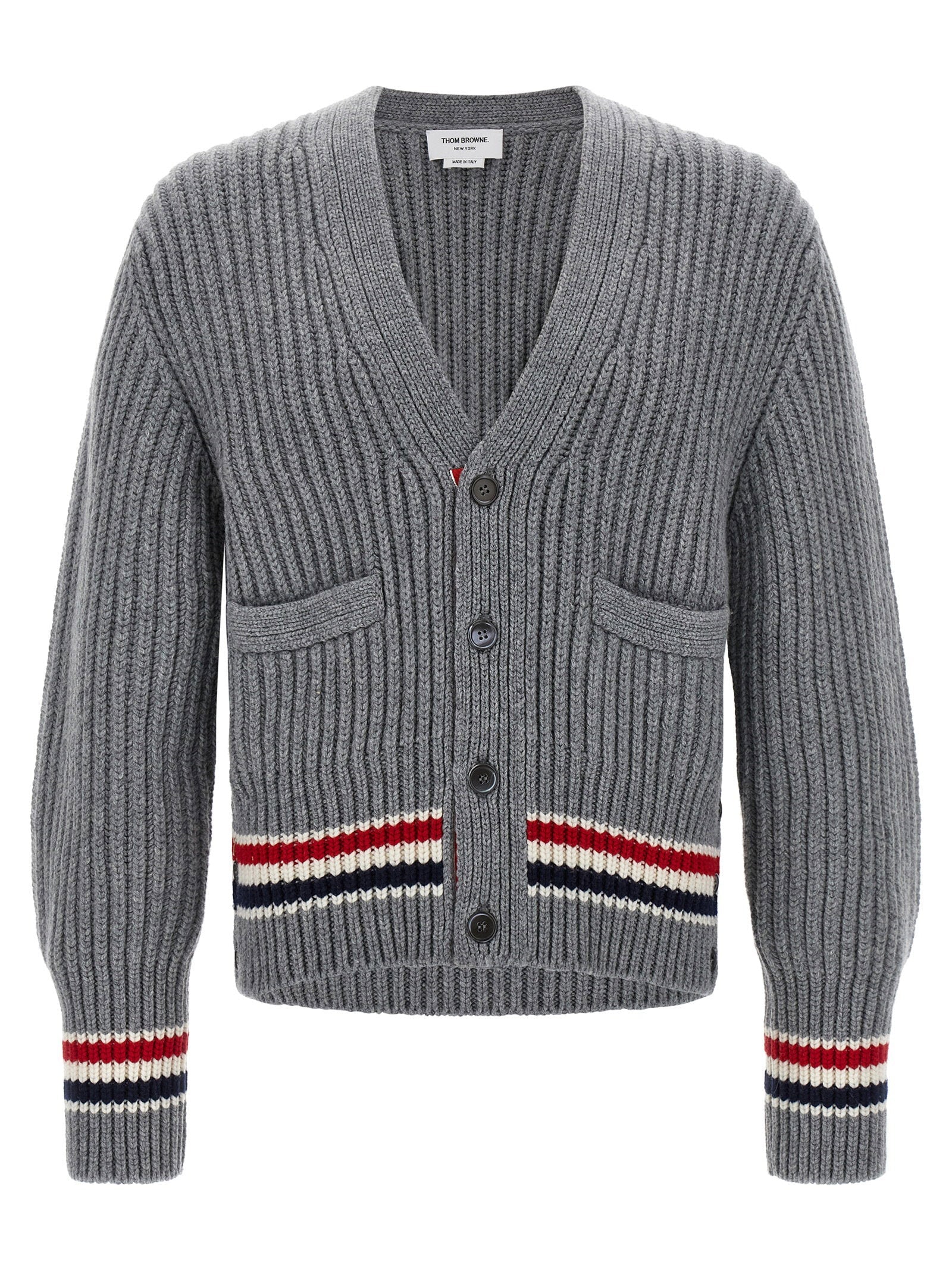 Thom Browne Ribbed Cashmere with RWB Stripe Cardigan — Grey
