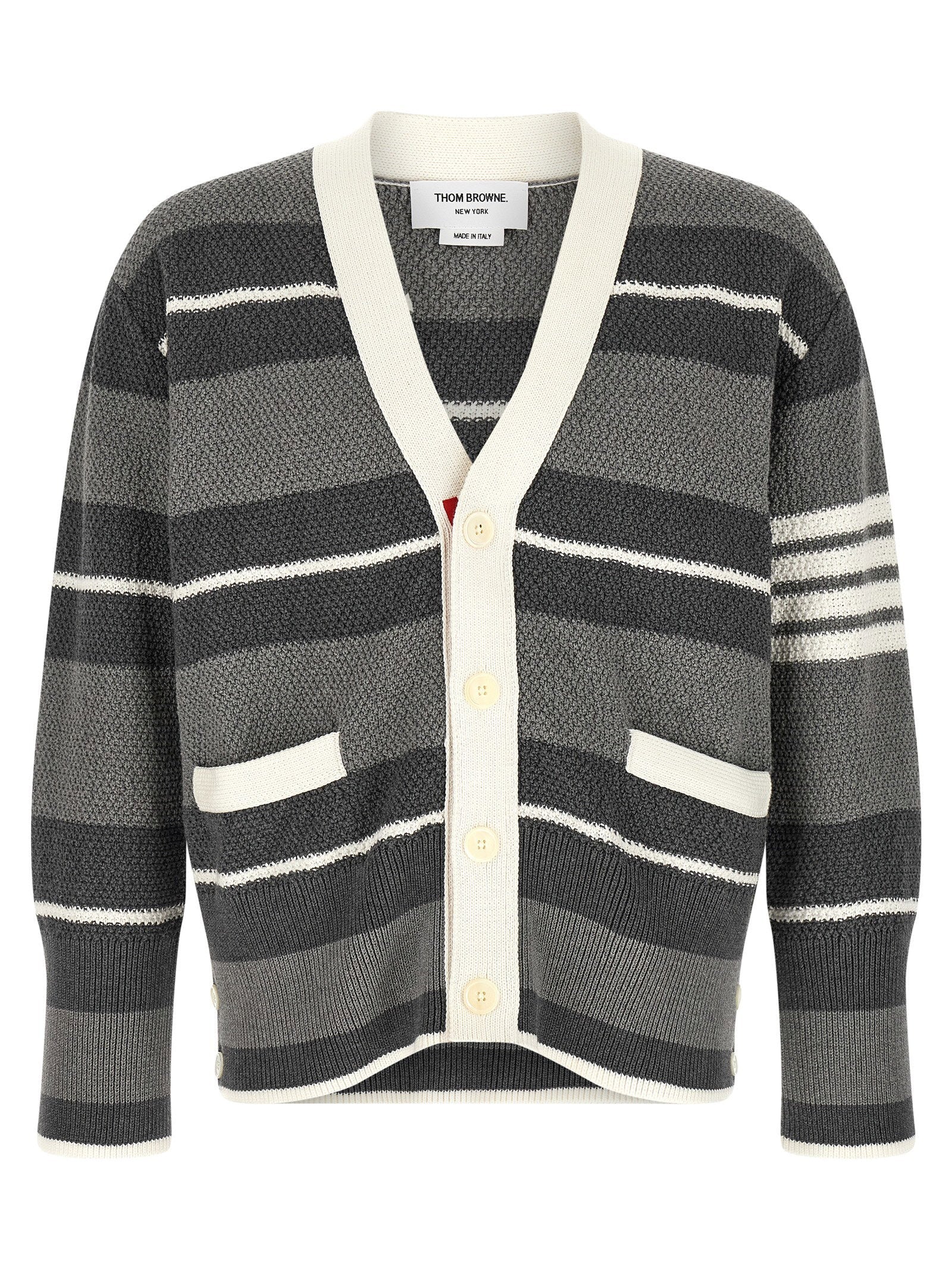 Thom Browne Striped Heavy Cotton Cardigan — Charcoal