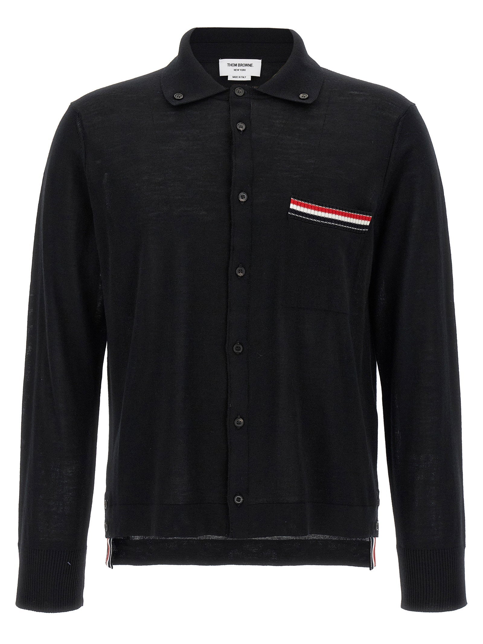 Thom Browne Wool Button-Down with Shirt Collar Cardigan — Black