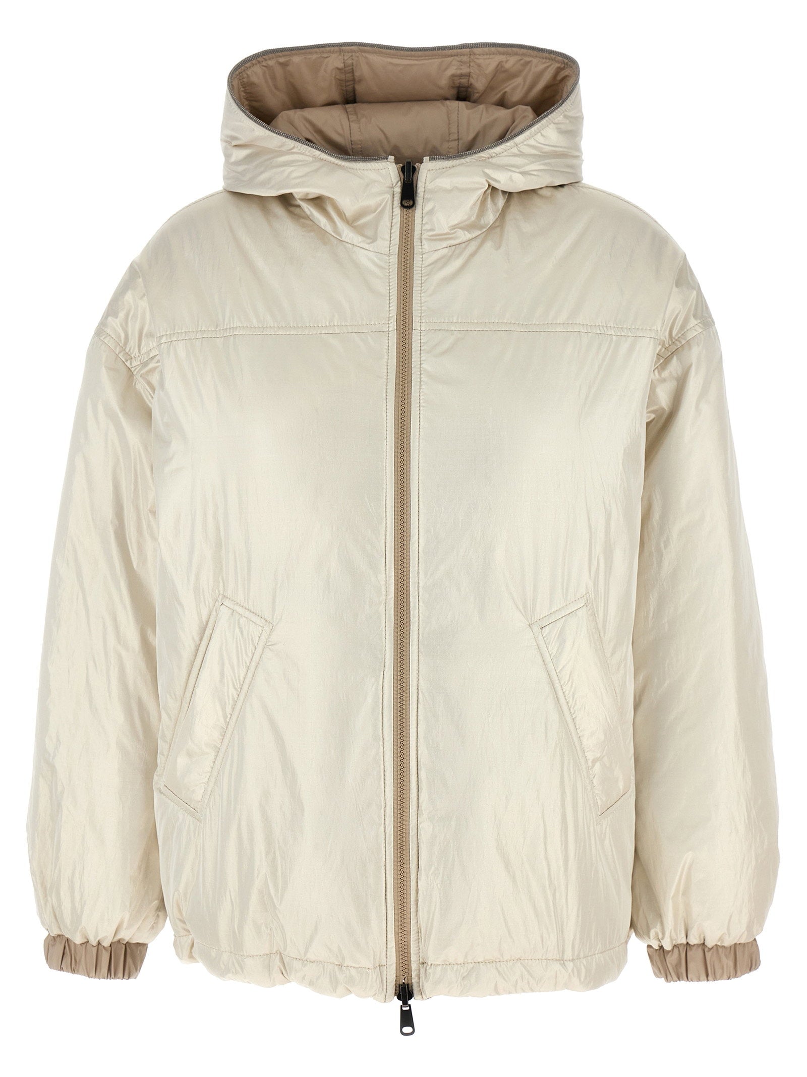 Brunello Cucinelli Laminated Reversible Down Jacket — Cream