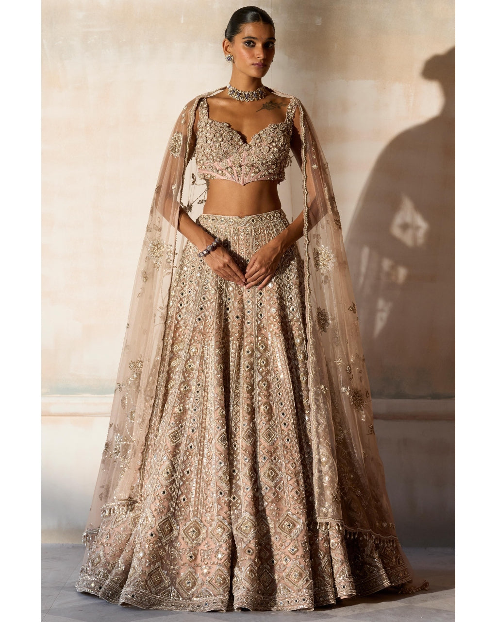 The Aztec Zardozi Faded Apricot Lehenga Set By KYNAH, Luxury Indian Fashion & Bridal Wear