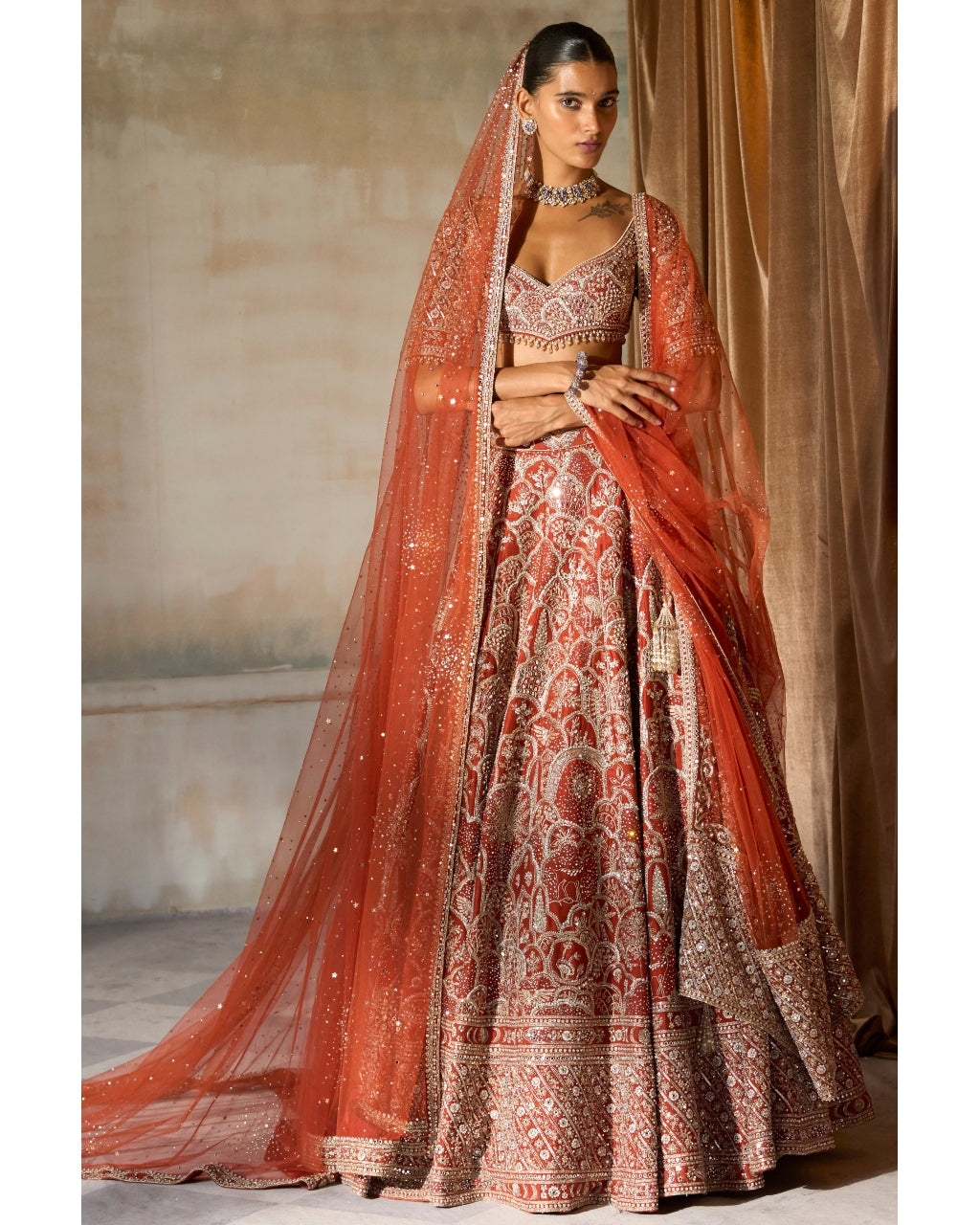 The Vintage Matsya Palace Tangerine Lehenga Set By KYNAH, Luxury Indian Fashion & Bridal Wear