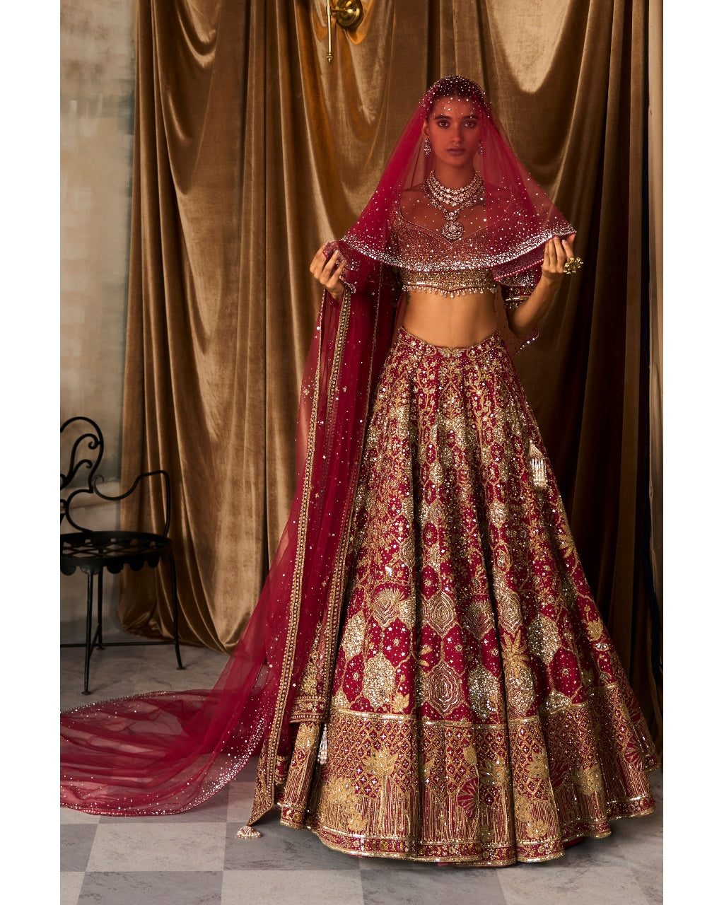 The Vintage Lotus Pond Scarlet Lehenga Set By KYNAH, Luxury Indian Fashion & Bridal Wear