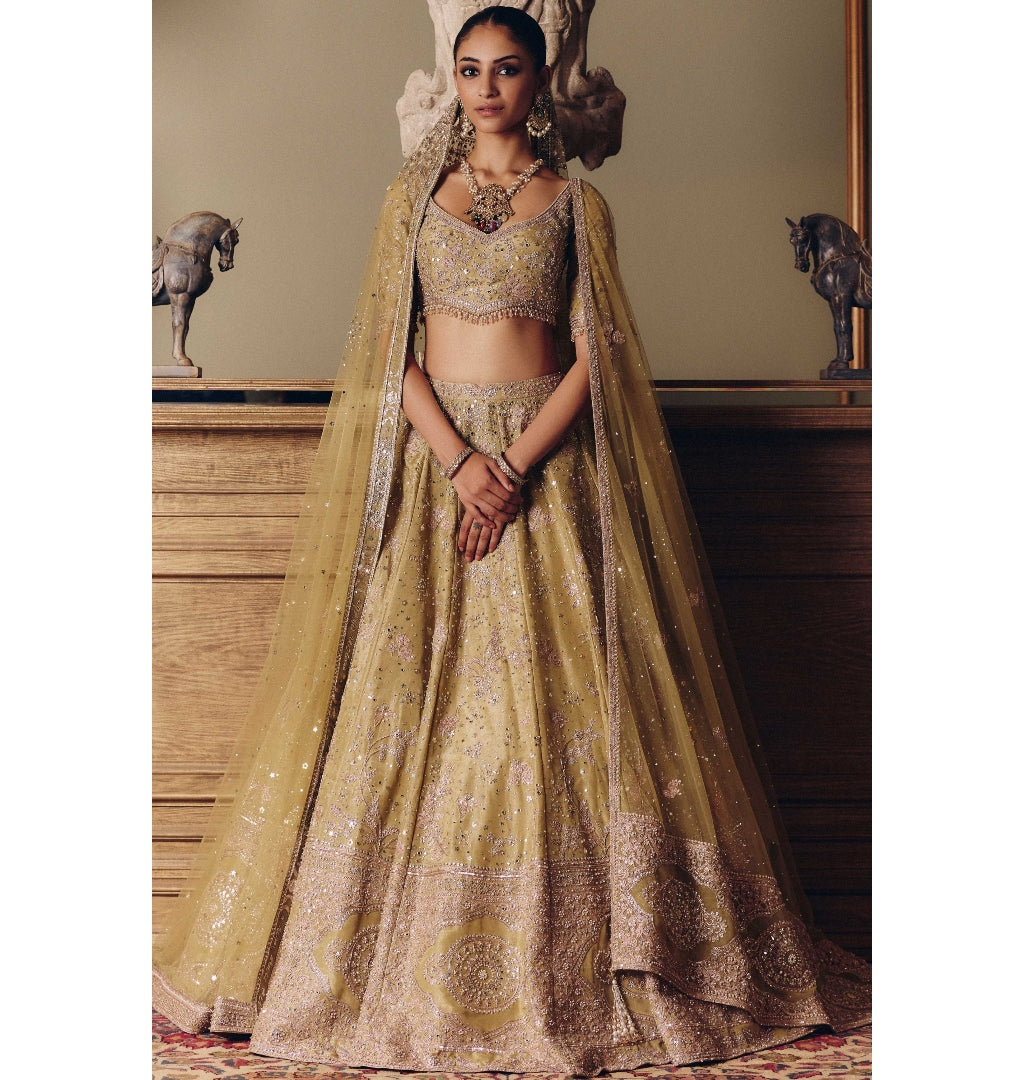 The Royal Masai Landscape Aged Pistachio Tissue Lehenga Set By KYNAH, Luxury Indian Fashion & Bridal Wear