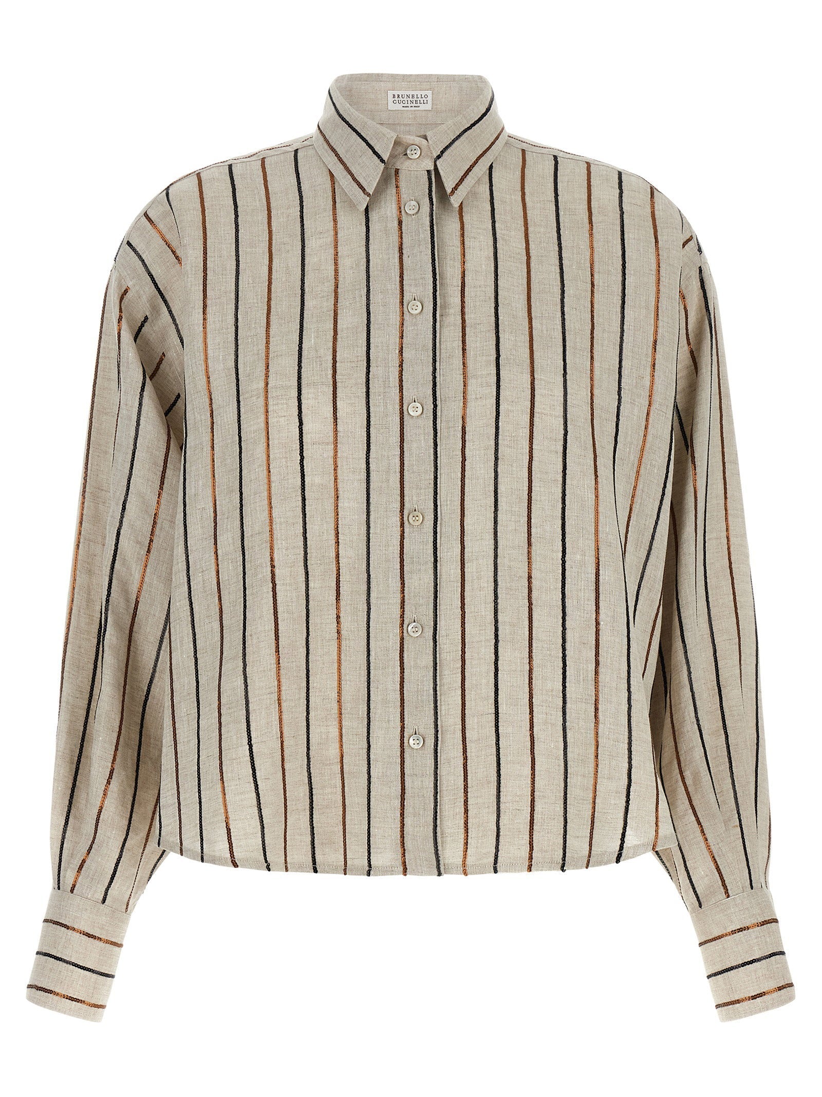 Brunello Cucinelli Sequin Stripe Linen Shirt — Beige