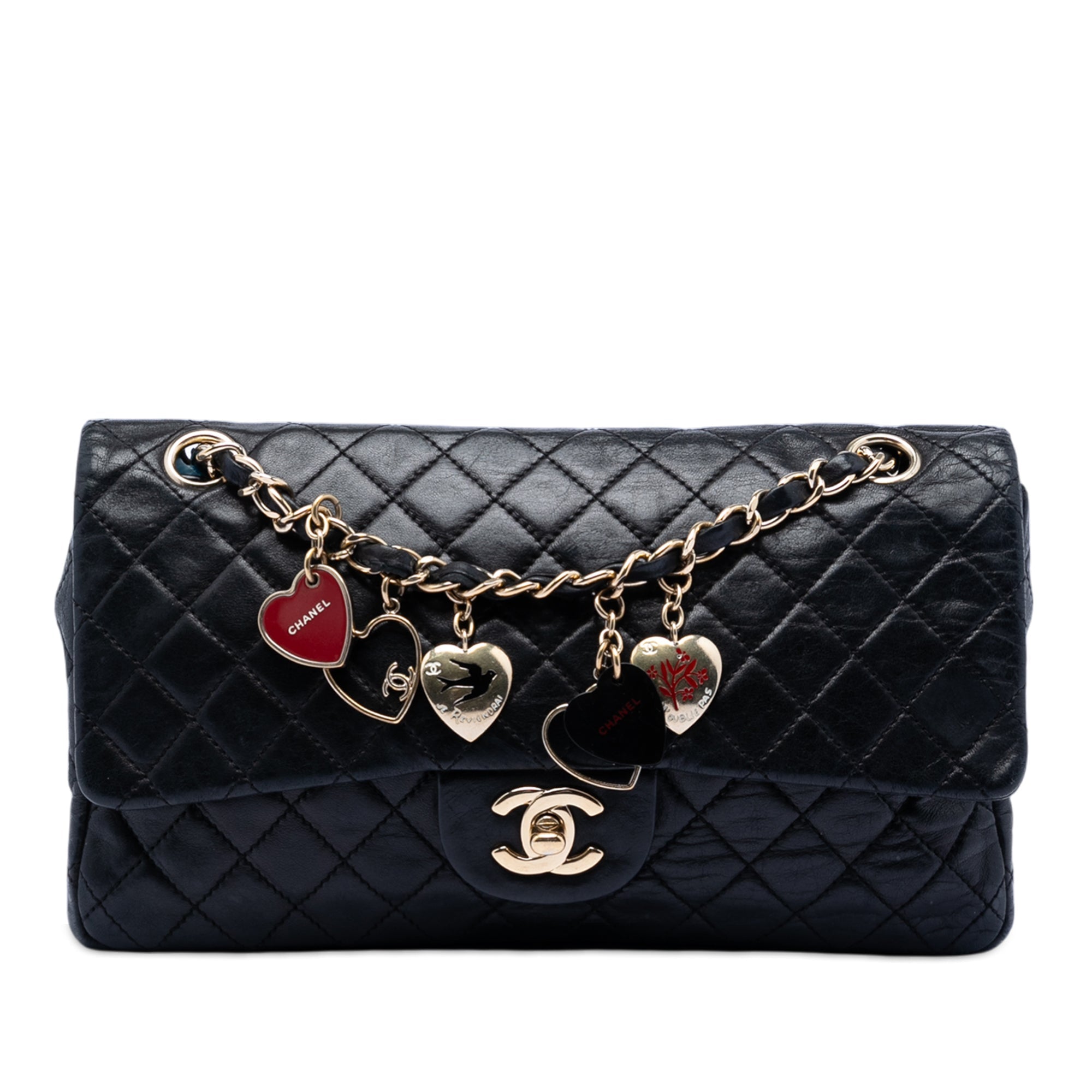 Medium Classic Lambskin Valentines Heart Charms Single Flap