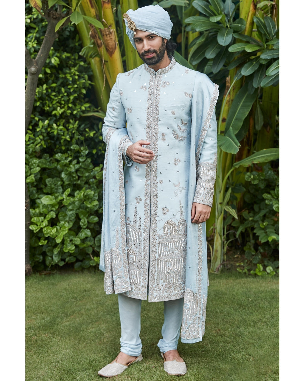 The Ice Blue Landscape Sherwani Set By KYNAH, Luxury Indian Fashion & Bridal Wear