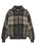Brunello Cucinelli Tartan Sequin-Embellished Cardigan — charcoal