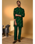 Bottle Green Tropical Kurta Set By KYNAH, Luxury Indian Fashion & Bridal Wear