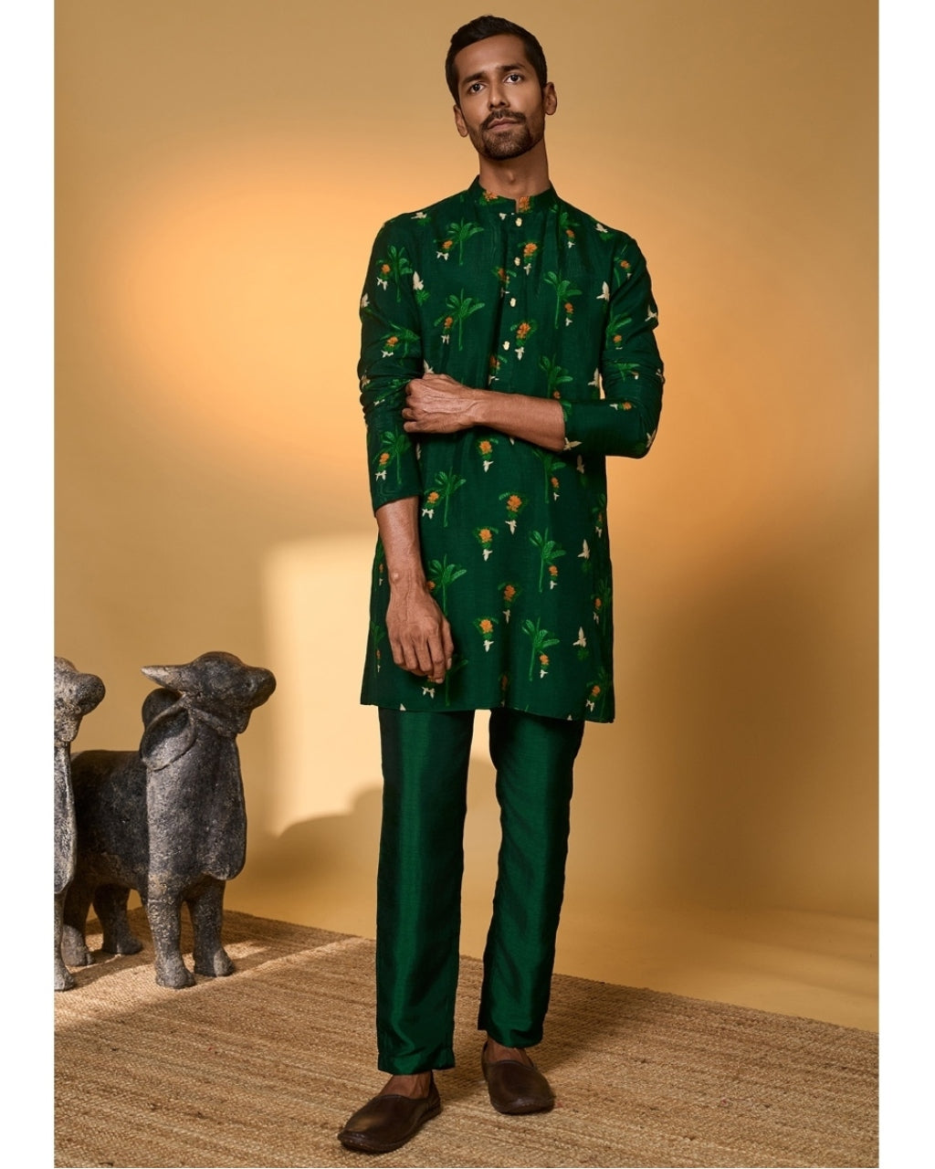 Bottle Green Tropical Kurta Set By KYNAH, Luxury Indian Fashion & Bridal Wear