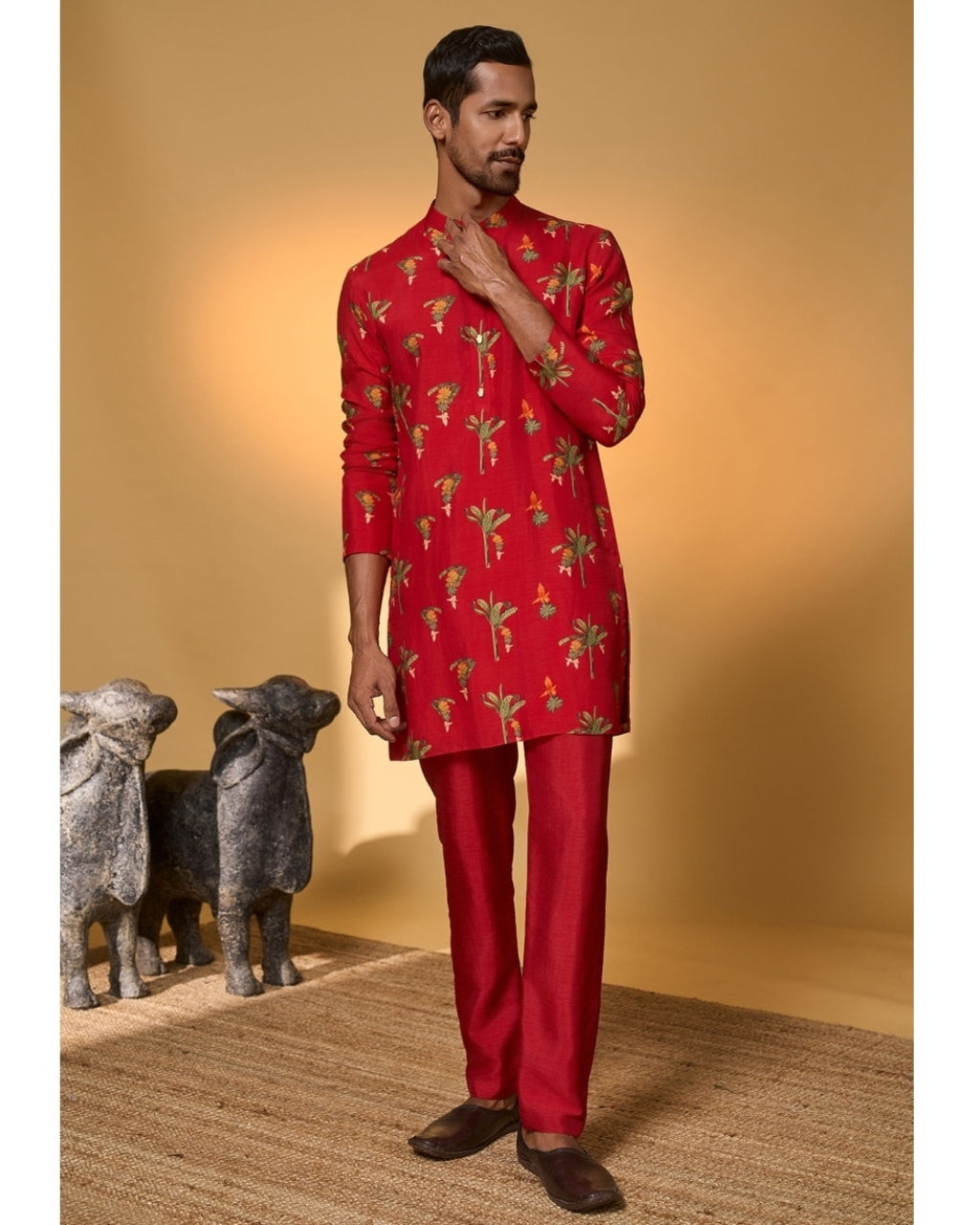 Red Tropical Kurta Set By KYNAH, Luxury Indian Fashion & Bridal Wear