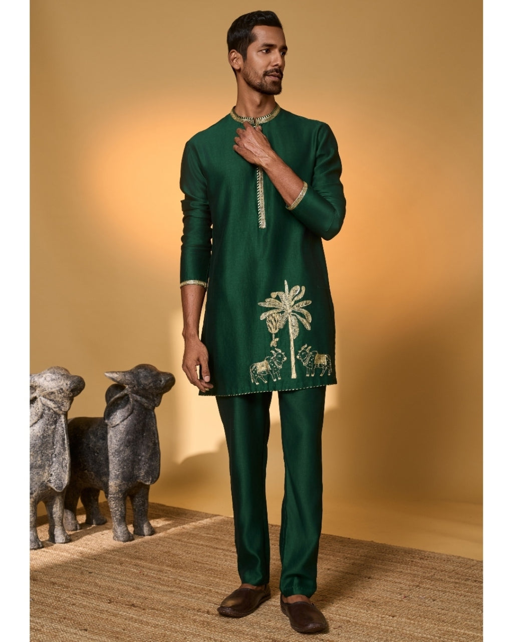 Green Tropical Nandi Kurta Set By KYNAH, Luxury Indian Fashion & Bridal Wear