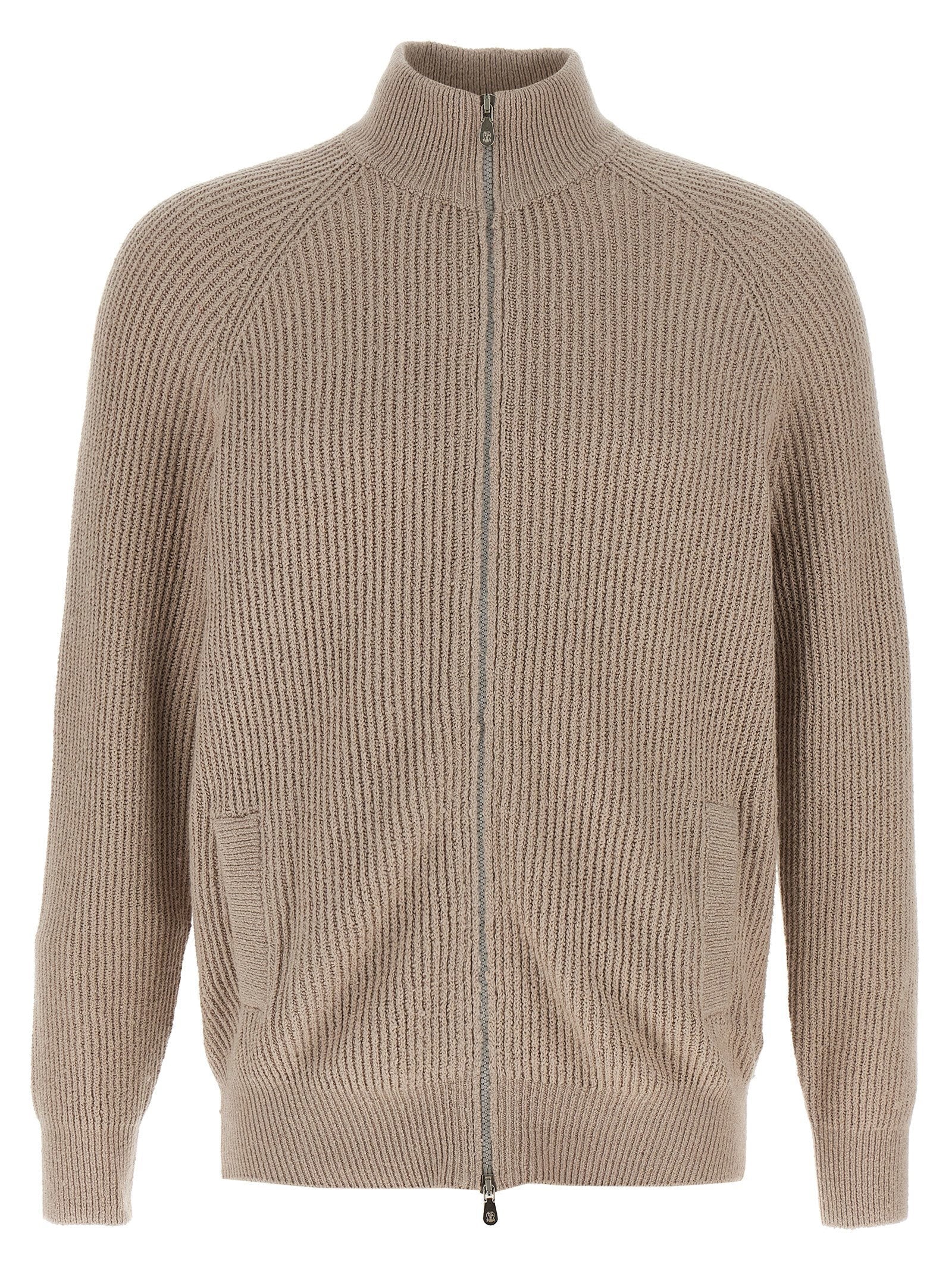 Brunello Cucinelli Half-Ribbed Cotton Gauze Cardigan — Beige