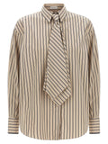 Brunello Cucinelli Striped Cotton with Integrated Tie Shirt — Beige