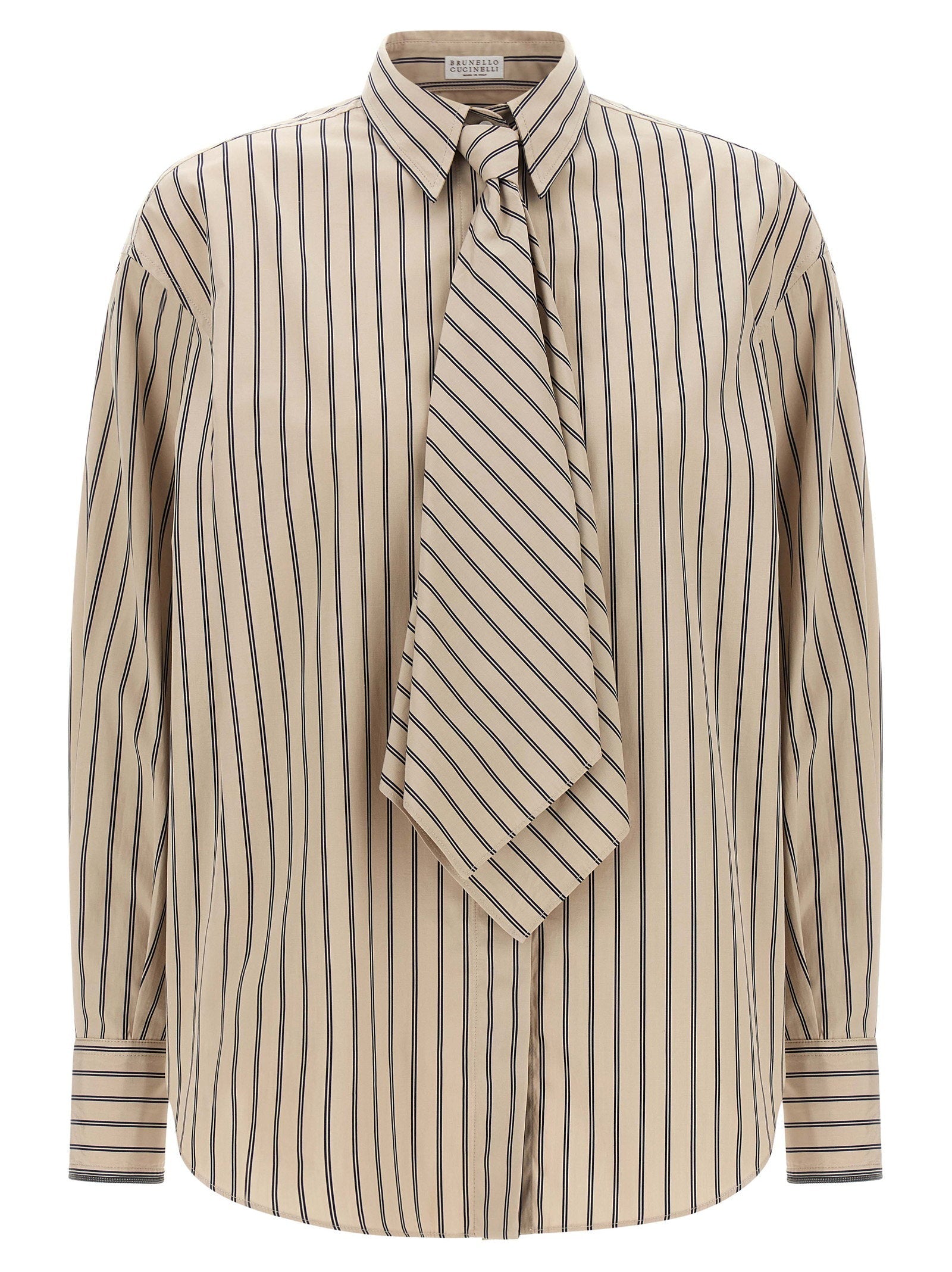 Brunello Cucinelli Striped Cotton with Integrated Tie Shirt — Beige