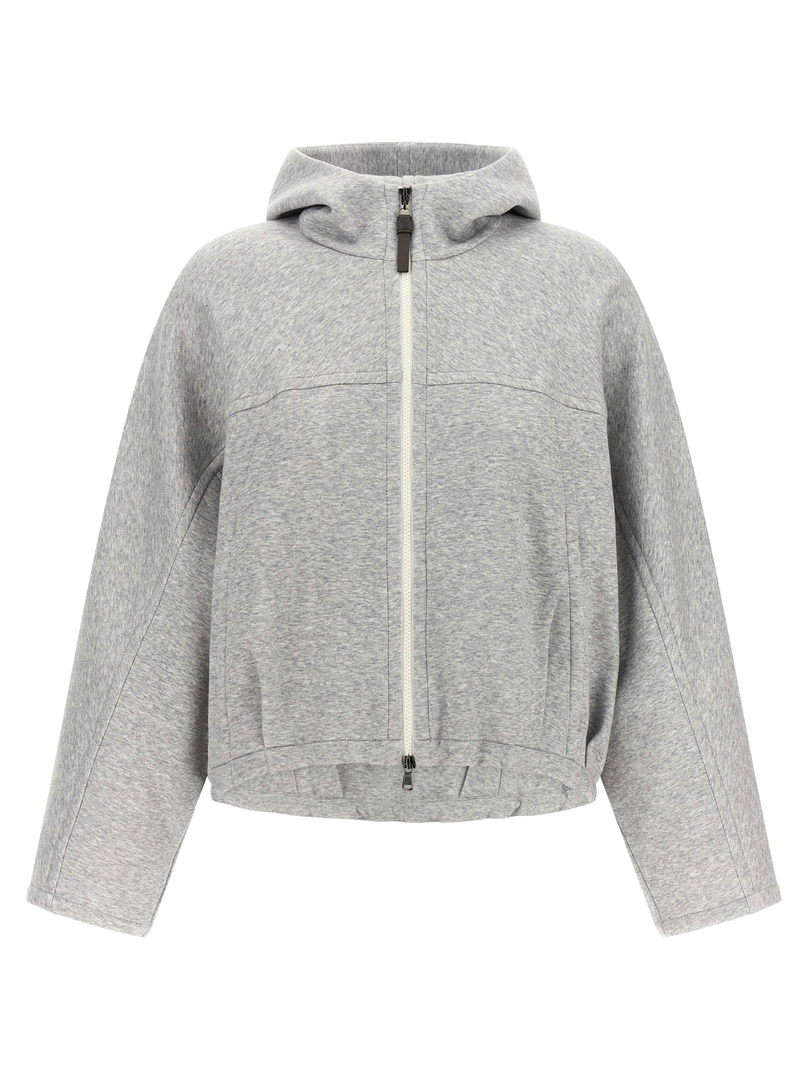 Brunello Cucinelli Shiny Zipper Pull Cropped Hoodie — grey