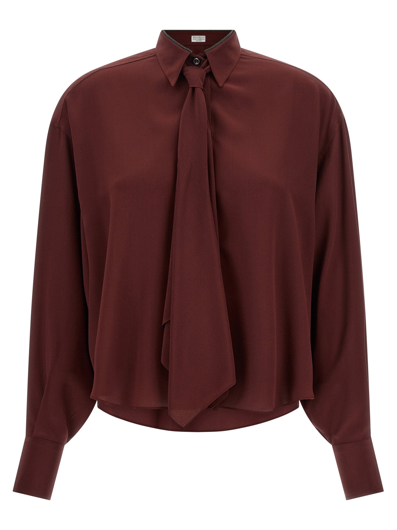Brunello Cucinelli Silk with Removable Tie Shirt — Burgundy