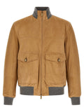Brunello Cucinelli Suede Bomber with Knit Trim Jacket — Camel
