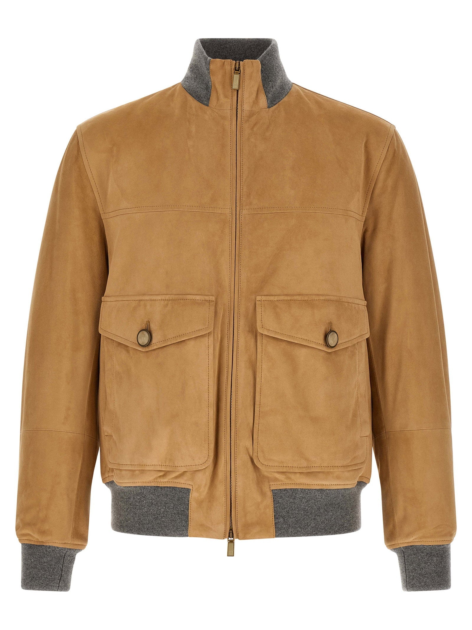 Brunello Cucinelli Suede Bomber with Knit Trim Jacket — Camel