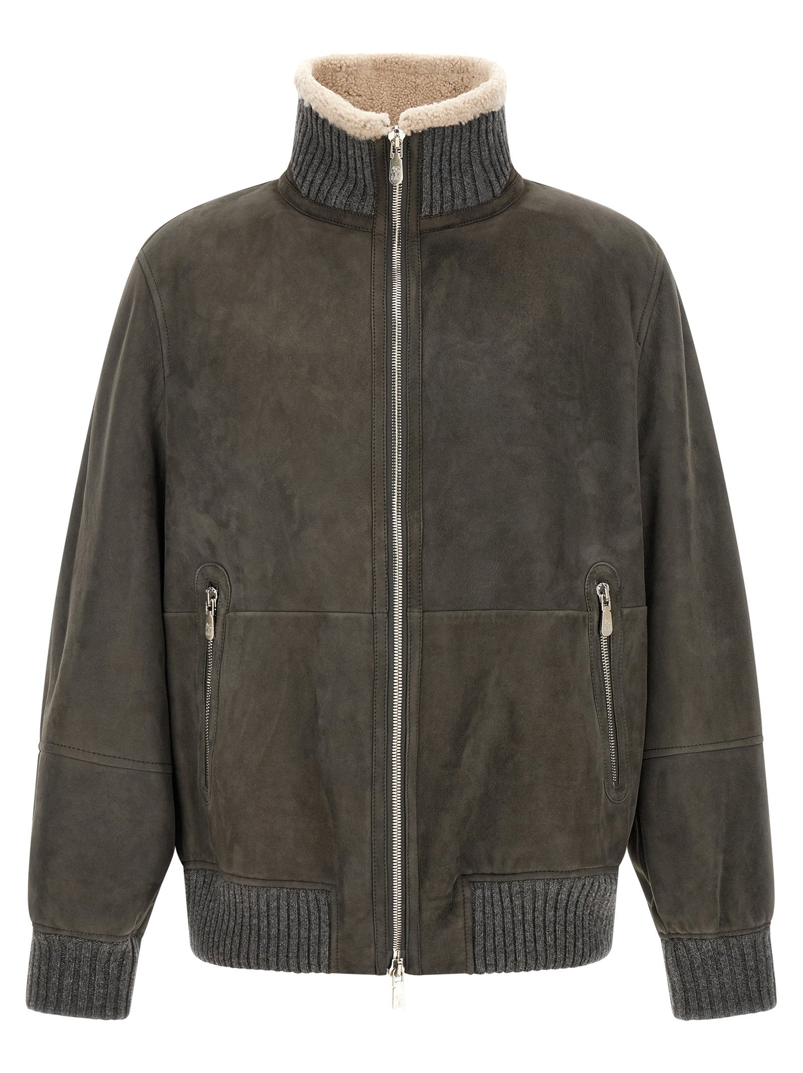 Brunello Cucinelli Shearling-Lined Lambskin Jacket — gray