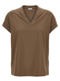Brunello Cucinelli V-Neck Monile Detail T-Shirt — Taupe