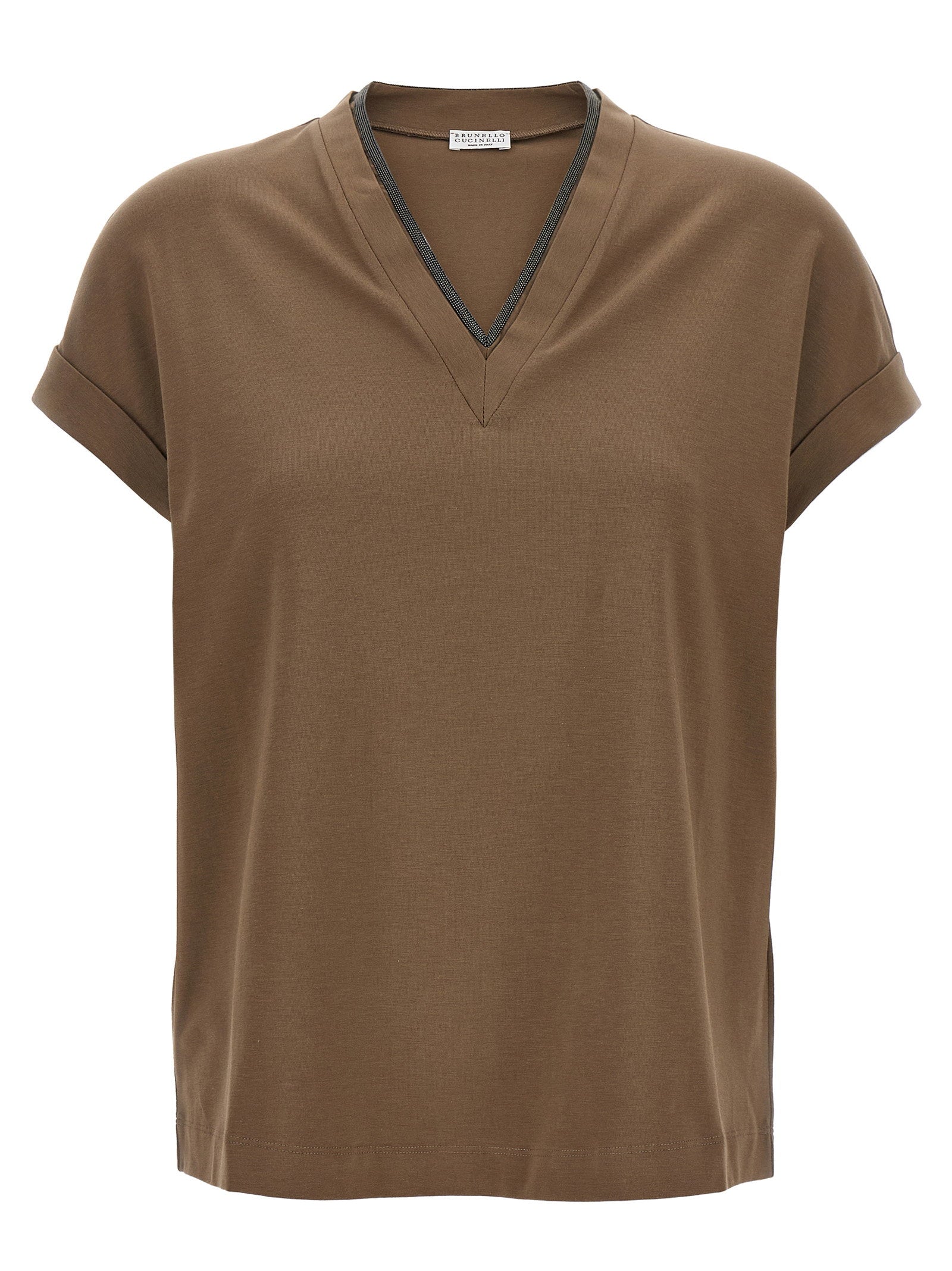 Brunello Cucinelli V-Neck Monile Detail T-Shirt — Taupe