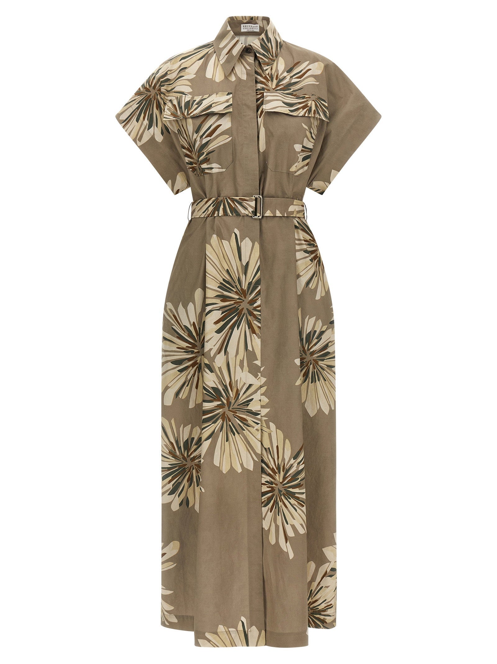 Brunello Cucinelli Floral Cotton Poplin Dress — Khaki