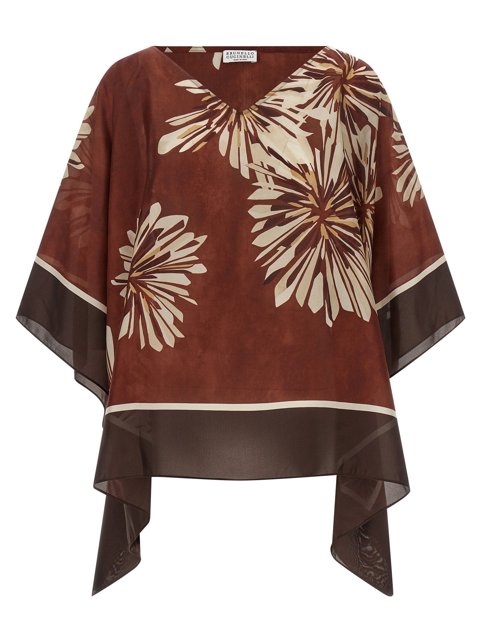 Brunello Cucinelli Floral-Print Silk Twill Tunic — Burgundy