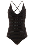 Brunello Cucinelli Sequin-Striped One-Piece Swimsuit — brown