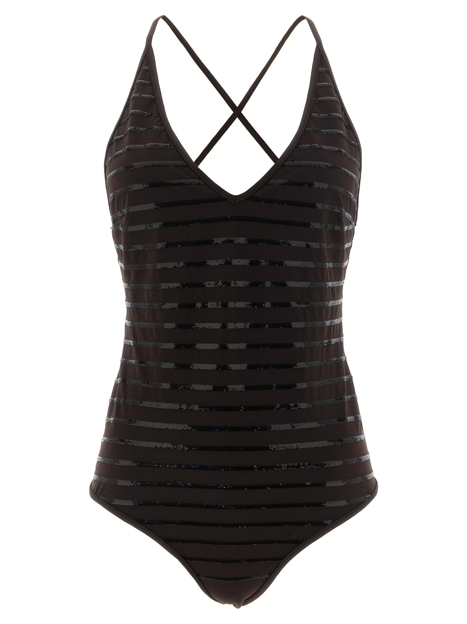 Brunello Cucinelli Sequin-Striped One-Piece Swimsuit — brown