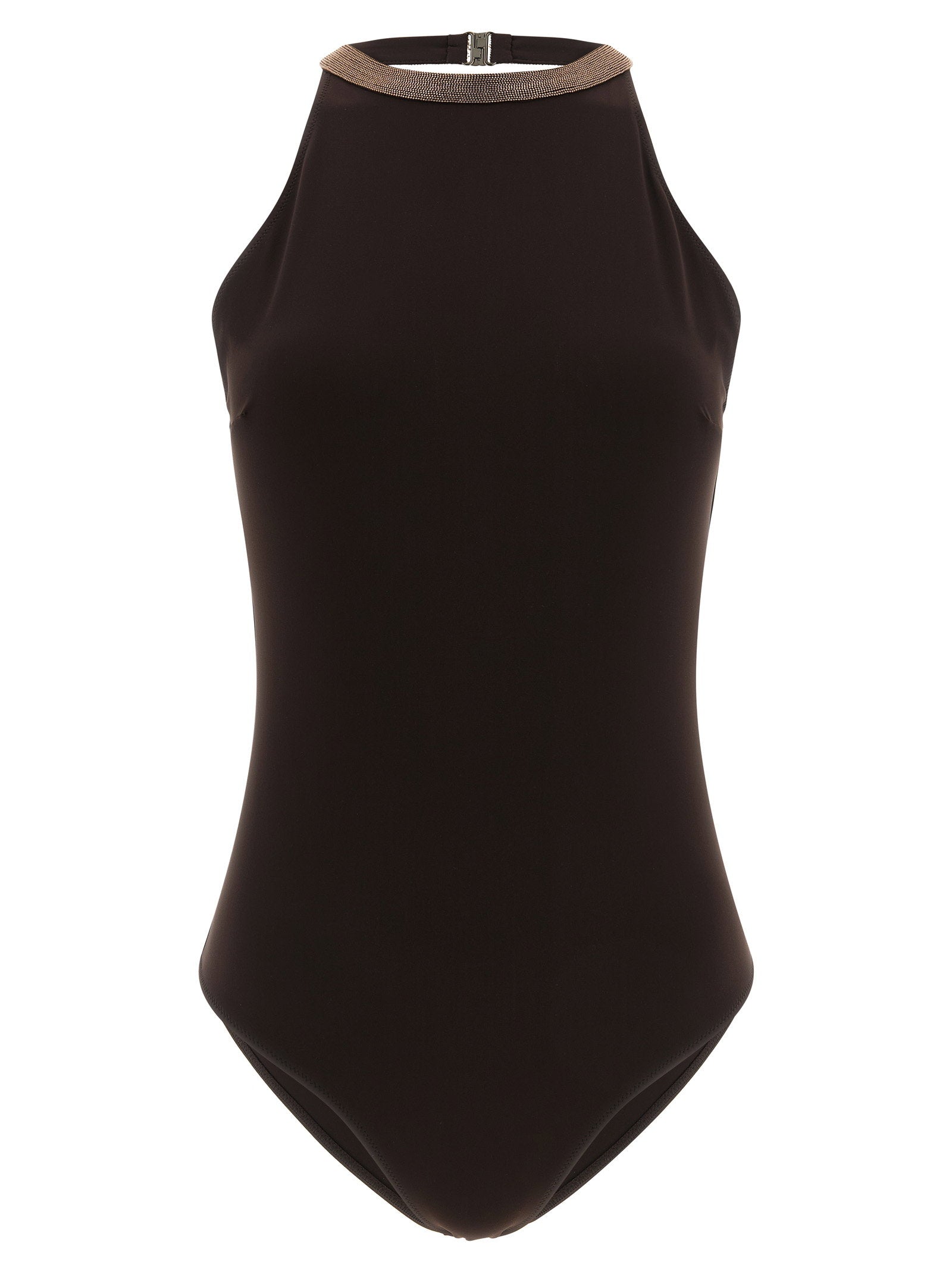 Brunello Cucinelli Precious Collar One-Piece Swimsuit — Black