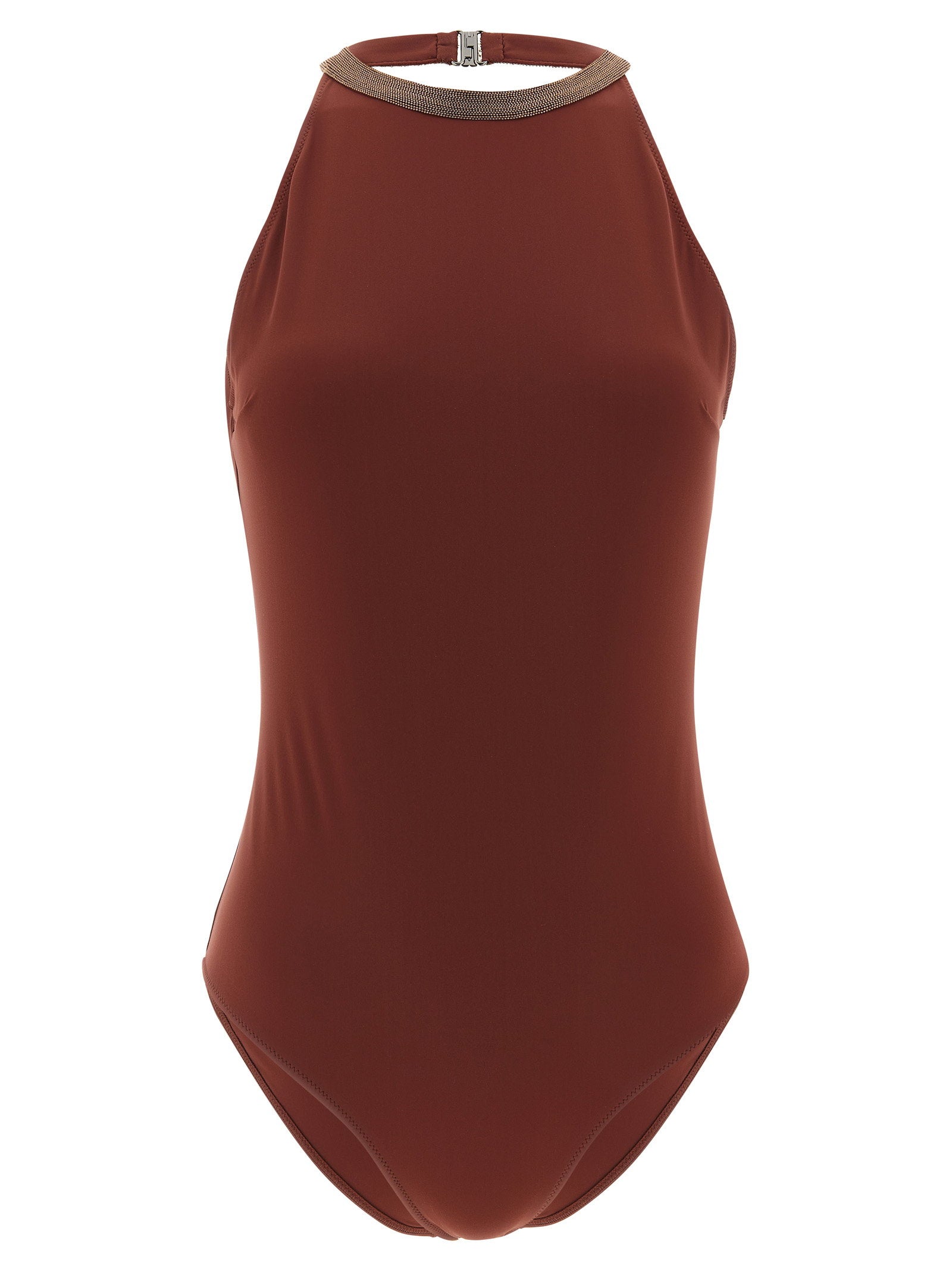 Brunello Cucinelli Precious Collar One-Piece Swimsuit — Burgundy