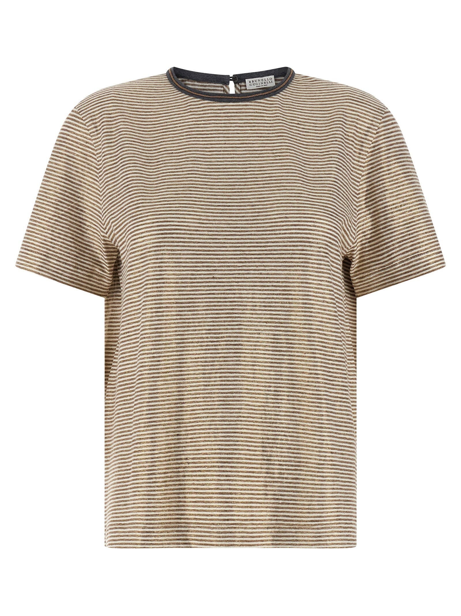 Brunello Cucinelli Striped Stretch Linen T-shirt — Beige