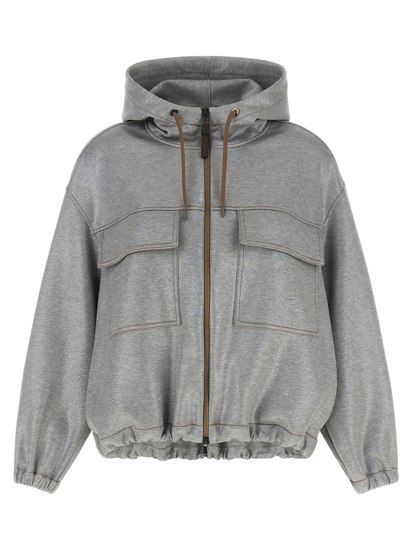 Brunello Cucinelli Mélange Cotton Metallic Yarn Bomber Jacket — Gray