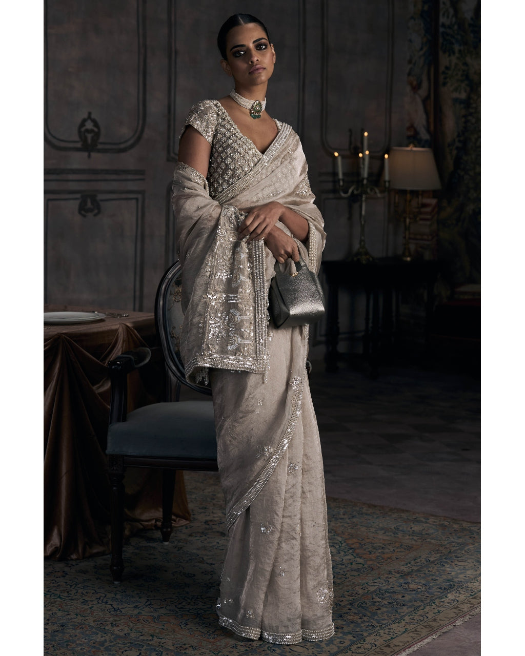 The Tarnished Silver Wild Dandelion Tissue Sari Set By KYNAH, Luxury Indian Fashion & Bridal Wear