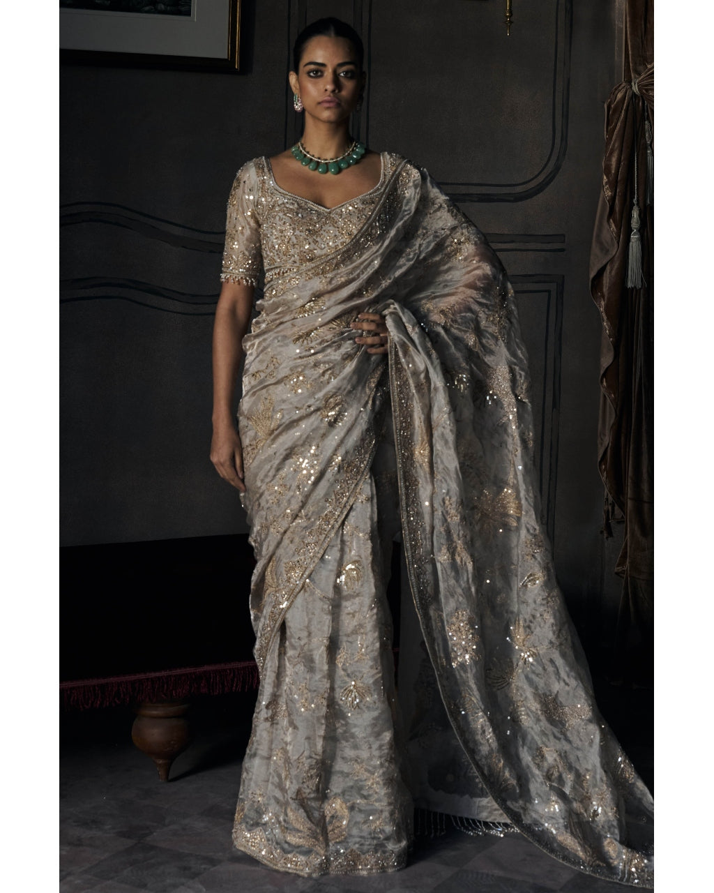 The Silent Waterlillies Aquamarine Tissue Sari Set By KYNAH, Luxury Indian Fashion & Bridal Wear
