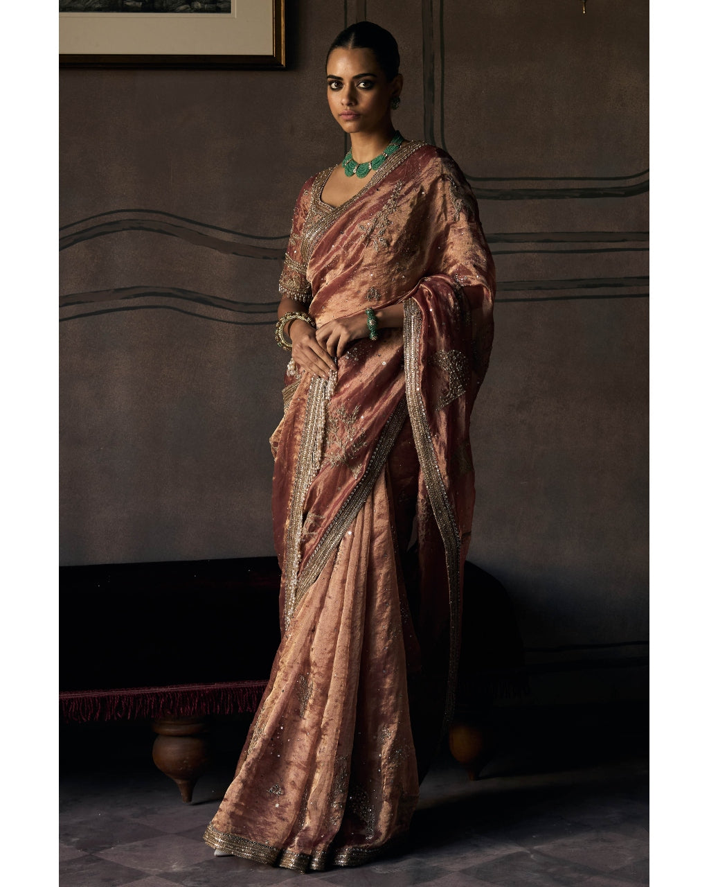 The Tales of Masai Aged Gold Tangerine Tissue Sari Set By KYNAH, Luxury Indian Fashion & Bridal Wear