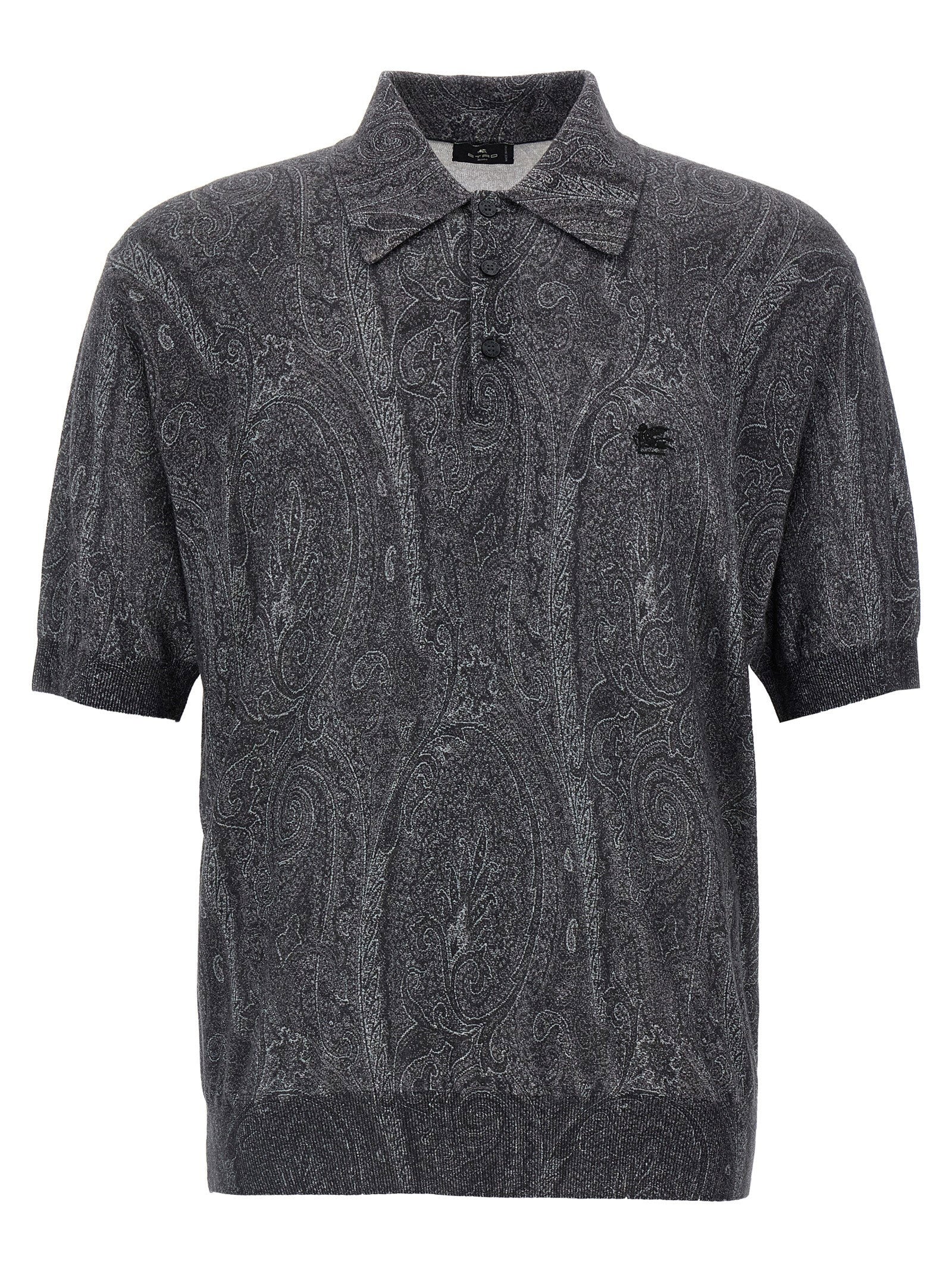 Etro Paisley-Print Silk-Cashmere Polo Shirt — Charcoal