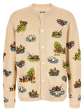 Bode Beaded Camp-Print Cardigan — Cream