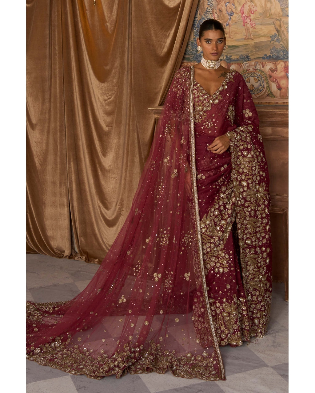 The Vintage Nizami Scarlet Sari Set By KYNAH, Luxury Indian Fashion & Bridal Wear