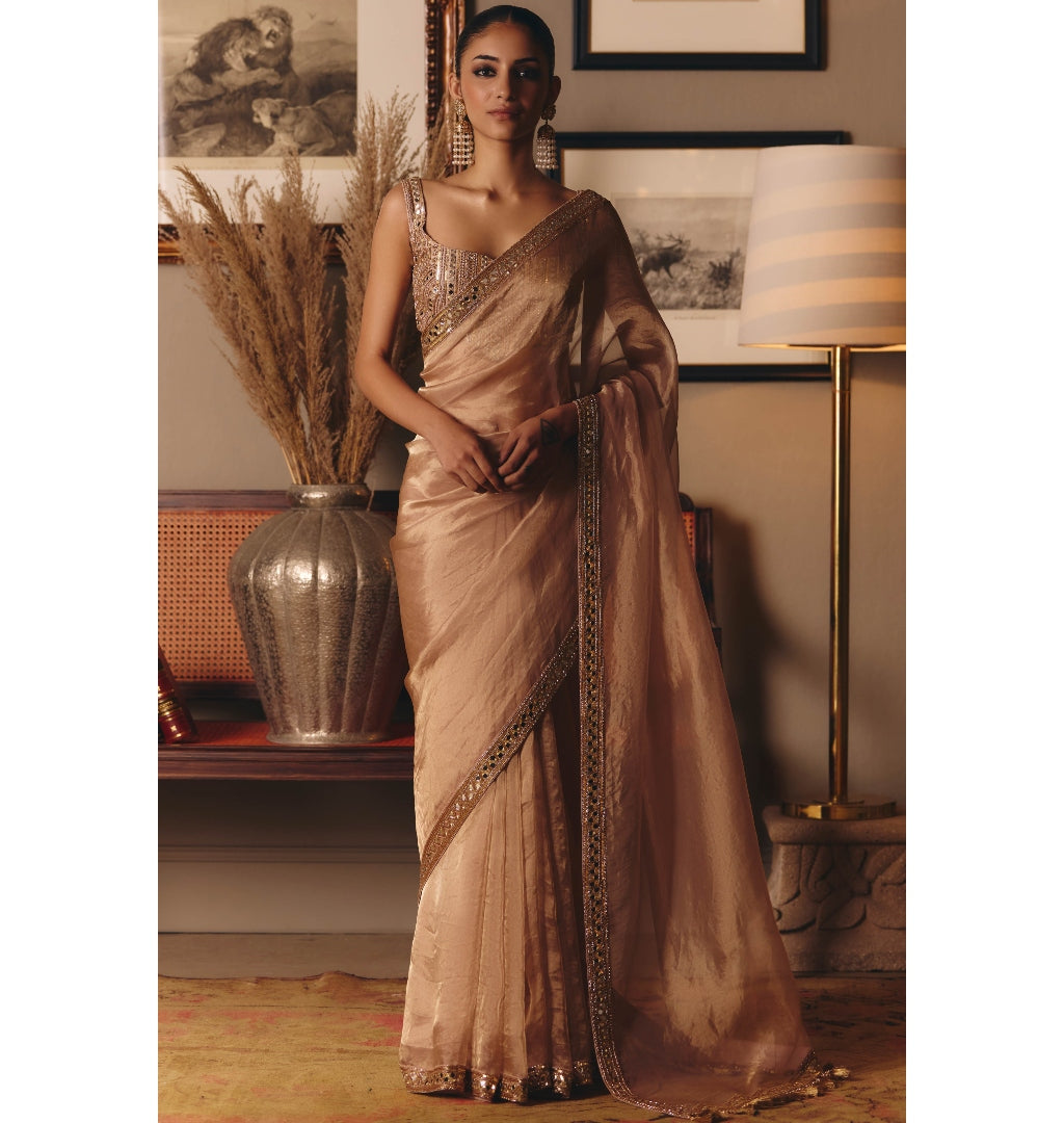 The Aged Peach Sheeshrag Tissue Sari Set By KYNAH, Luxury Indian Fashion & Bridal Wear