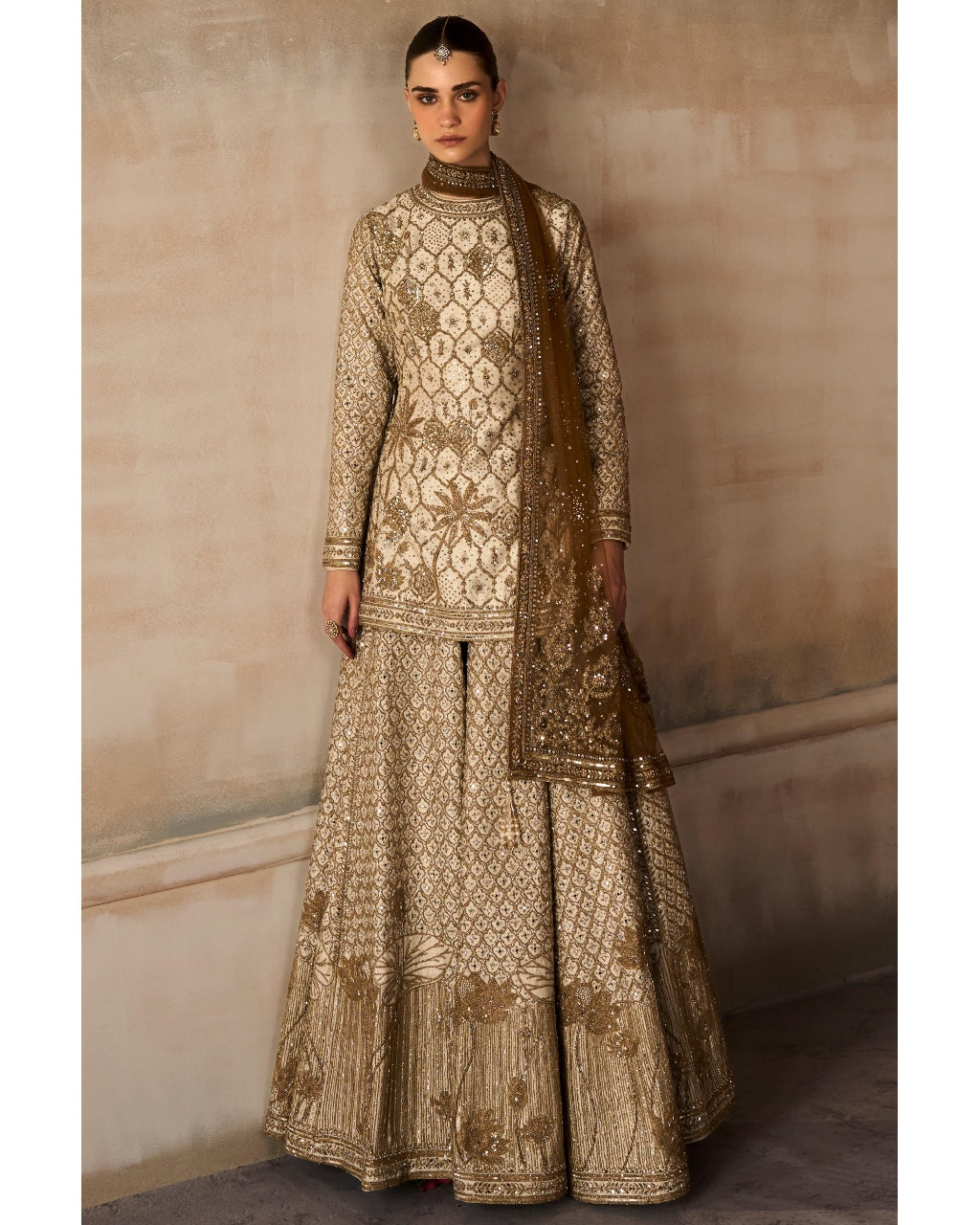 The Lotus Pond Aged Ekru Sharara Set By KYNAH, Luxury Indian Fashion & Bridal Wear