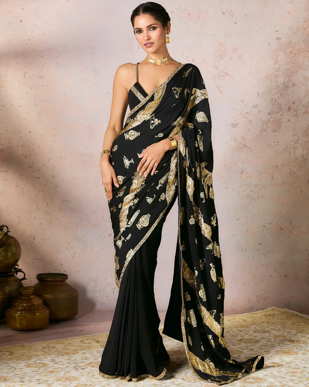 Black Potters Touch Gota Sari Set By KYNAH, Luxury Indian Fashion & Bridal Wear