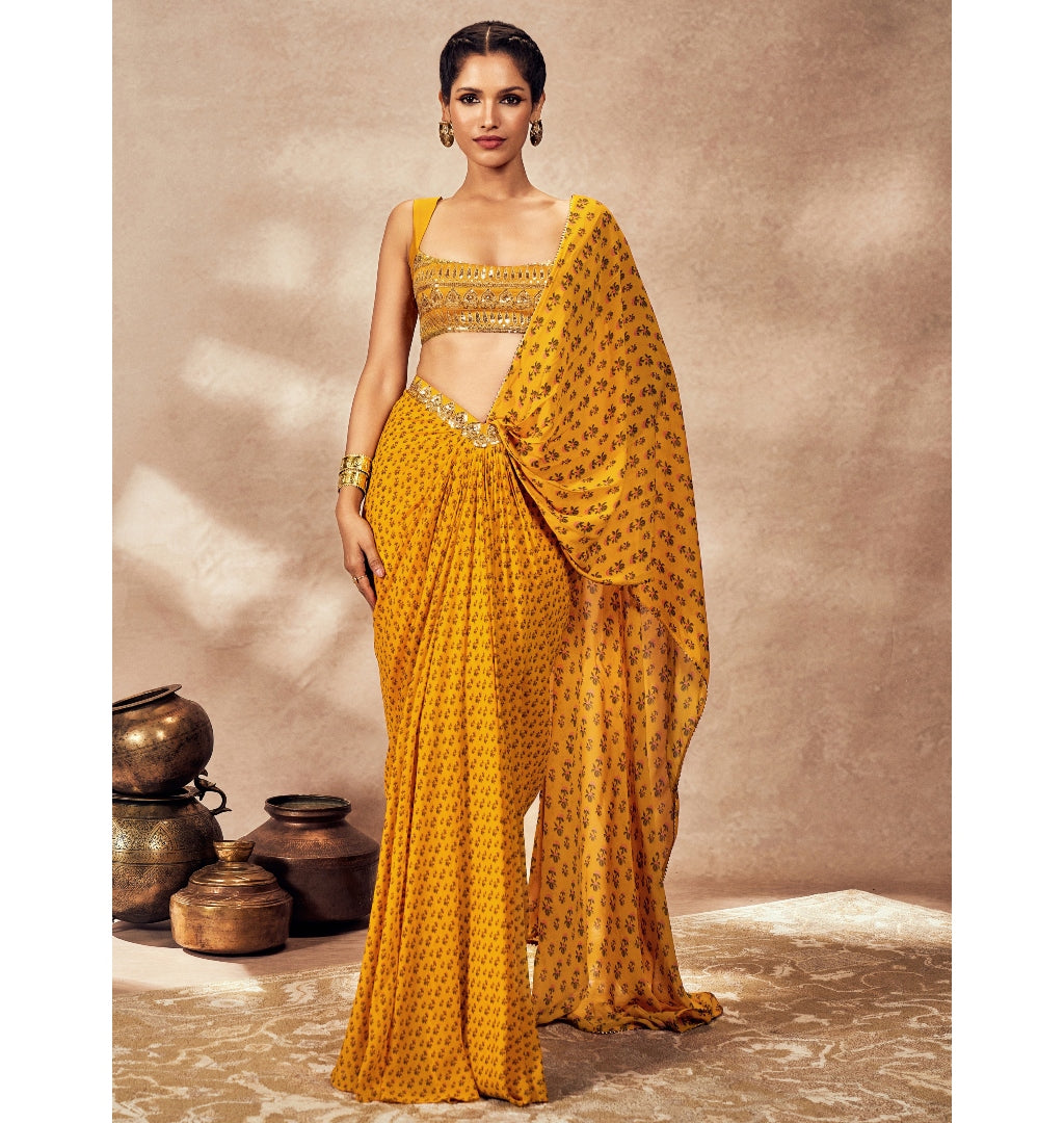 Yellow Pixie Dust Drape Sari Set By KYNAH, Luxury Indian Fashion & Bridal Wear