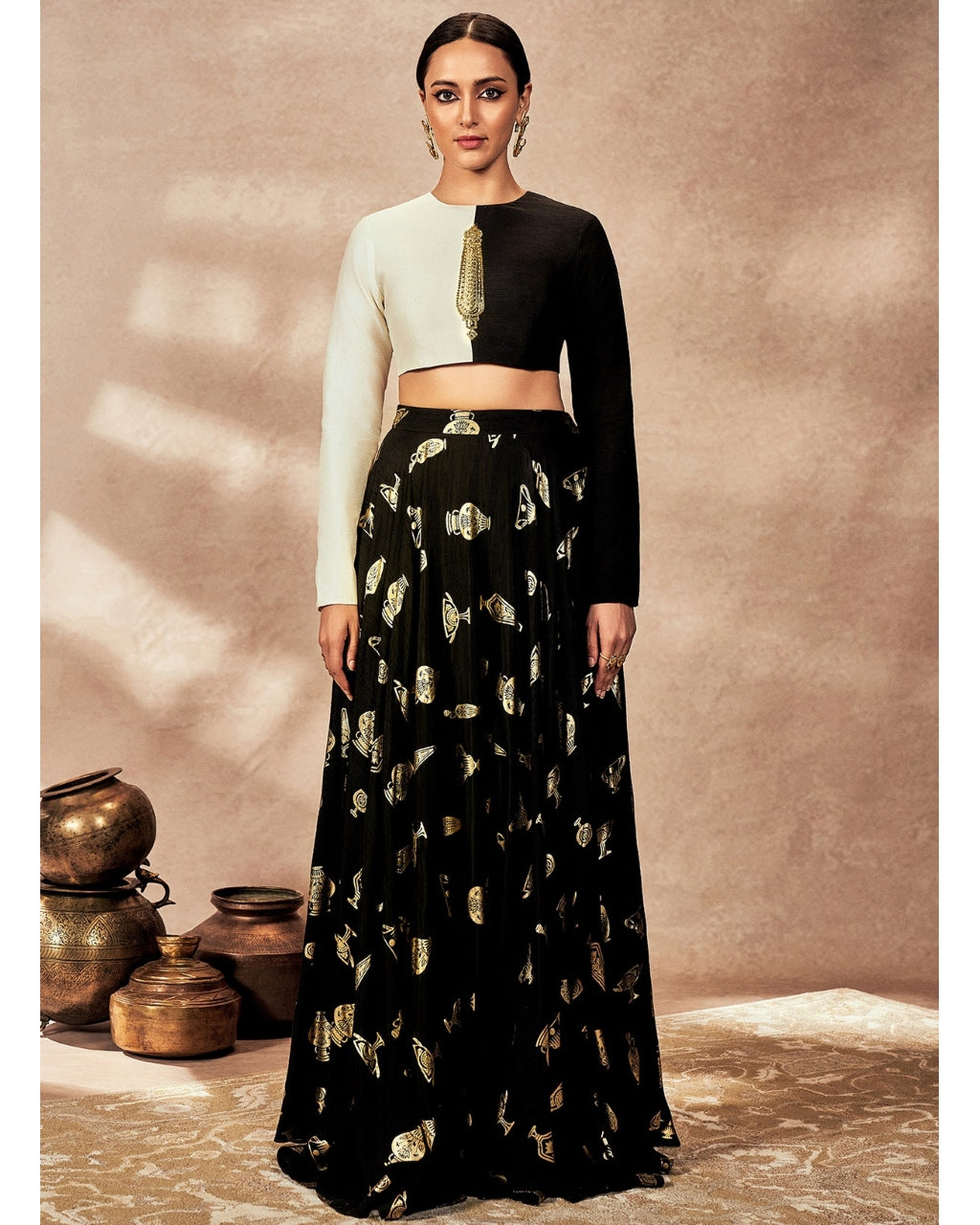 Black Potters Touch Skirt Set By KYNAH, Luxury Indian Fashion & Bridal Wear
